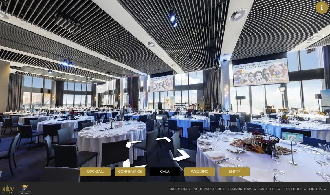A CloudTour virtual tour of a hotel ballroom set for a gala dinner, with buttons to switch between cocktail, conference, gala, wedding and empty layouts